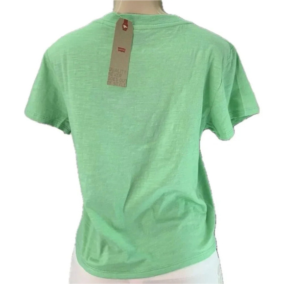 Levi's L Green Crew Neck Yellow Logo Name Graphic Cotton Short Sleeve Crop Tee - Picture 4 of 6